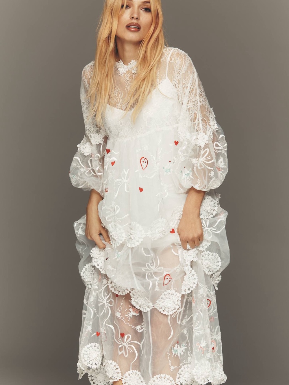 Anthropologie (Maeve) White Sheer Embroidered Midi Dress with Red Heart Accents